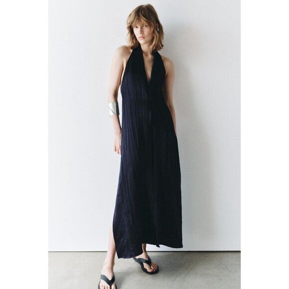 Zara Women Midi Dress S Navy Blue Halter Neck Satin Sleeveless 8304/162 NWT - Picture 1 of 9